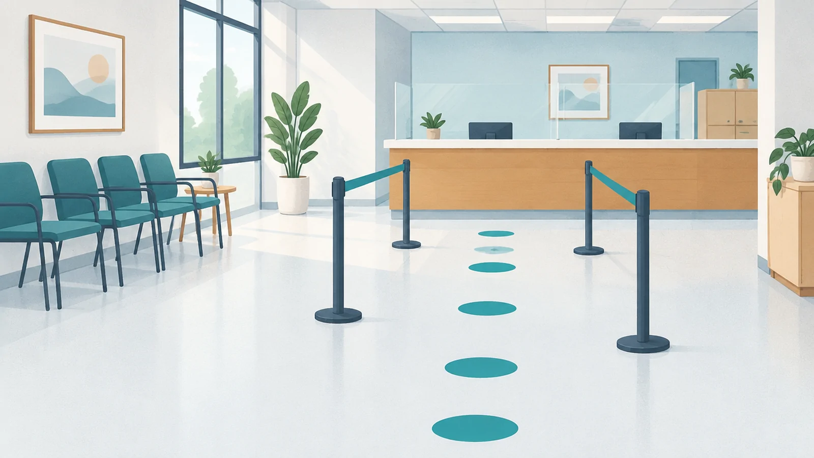 A tidy waiting line marked by floor stickers in a bright, generic service office, with a few empty chairs and a counter.